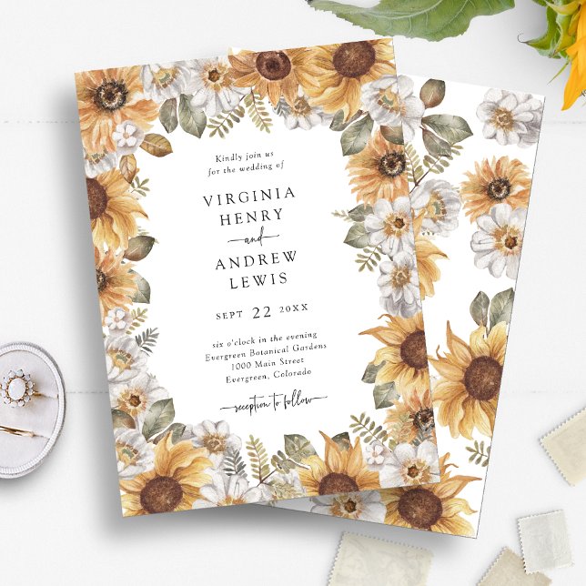 Inbjudan till elegant Solrosbröllop (Elegant Watercolor Sunflower Floral Wedding Invitations by Painted Paperie
)