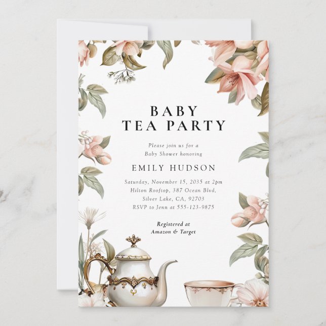 Inbjudan till elegant Tea Party Baby Shower (Framsida)