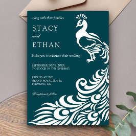 Inbjudan till elegant Teal and White Peacock Weddi