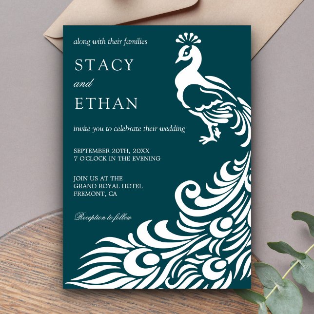 Inbjudan till elegant Teal and White Peacock Weddi (Skapare uppladdad)