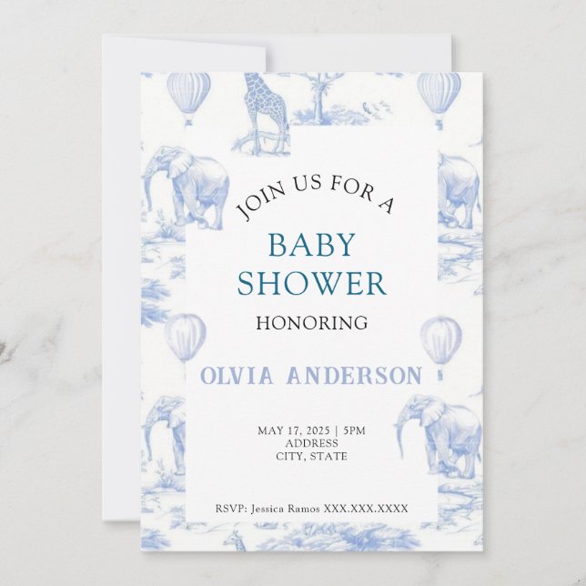 Inbjudan till elegant Toile de Jouy Blue Baby Show (Framsida)