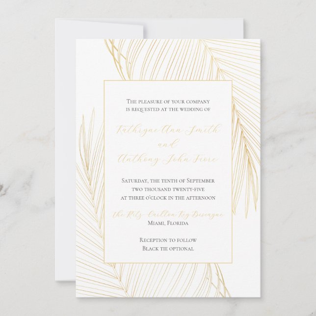 Inbjudan till elegant Tropical Beach Wedding Guld (Framsida)