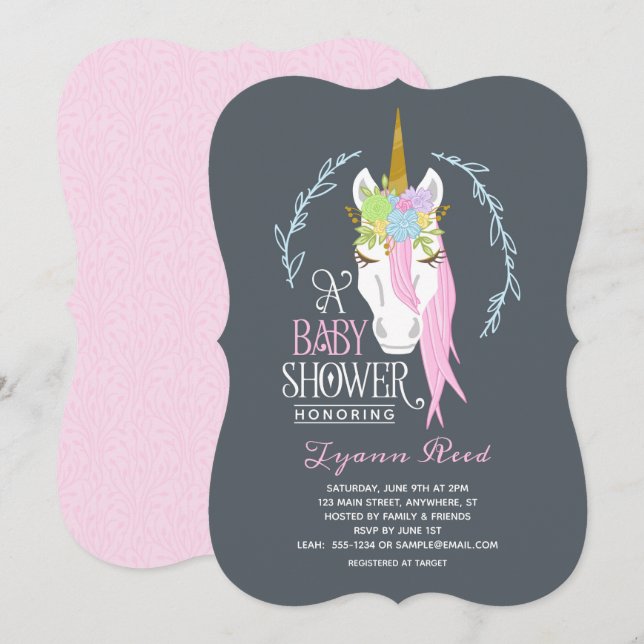 Inbjudan till elegant Unicorn Baby Shower (Fram/baksida)