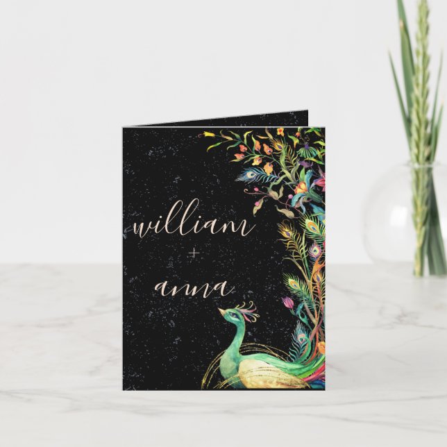 Inbjudan till elegant Vintage Peacock Garden Weddi (Framsida)