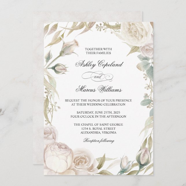 Inbjudan till elegant Vit ros Watercolor Wedding (Fram/baksida)