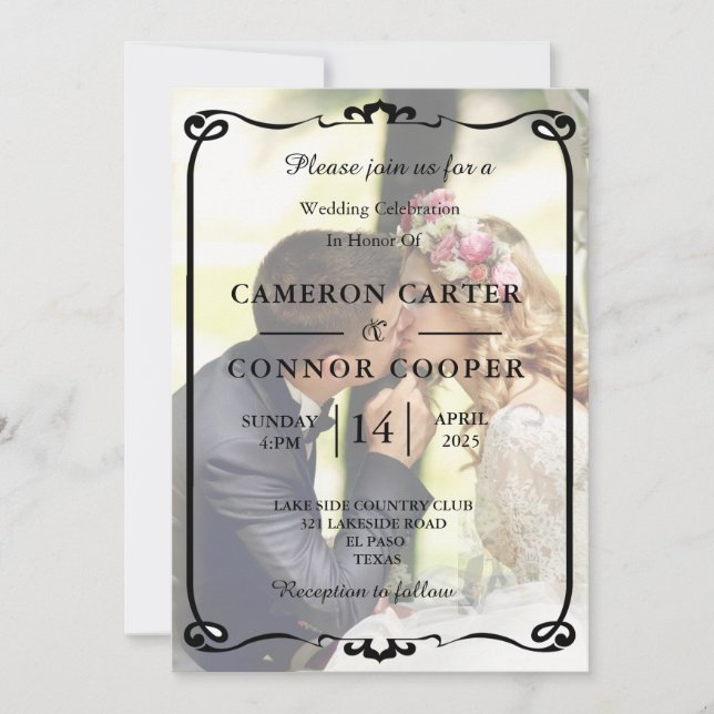 Inbjudan till elegant Vita och svarta fotobröllop (Framsida)