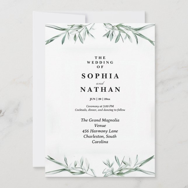 Inbjudan till elegant Watercolor Greenery Wedding (Framsida)