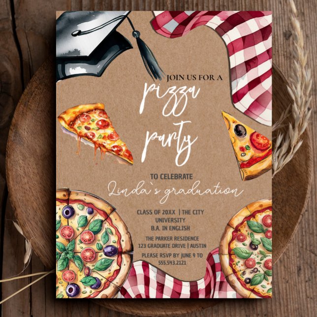 Inbjudan till elegant Watercolor Studenten Pizza (Elegant Watercolor Graduation Pizza Invitation #craftpaper #zazzlemade #kraftpaper #watercolorpizza)