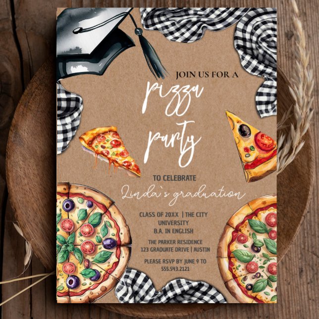 Inbjudan till elegant Watercolor Studenten Pizza (Elegant Watercolor Graduation Pizza Invitation #zazzlemade #rusticgraduation #craftpaper #pizzaparty)