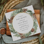 Inbjudan till elegant Winter Evergreen Baby Shower<br><div class="desc">Elegant Vintertemed babyduschinbjudan innehåller en guld ram omgiven av vattenfärg evergreen och pinekonar. Anpassa med din information eller klicka på "Klicka för att anpassa ytterligare" för att redigera teckensnittet stilar,  storlekt och färg.</div>