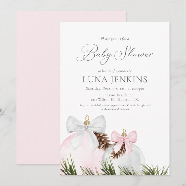 Inbjudan till elegant Winter Girl Baby Shower (Fram/baksida)