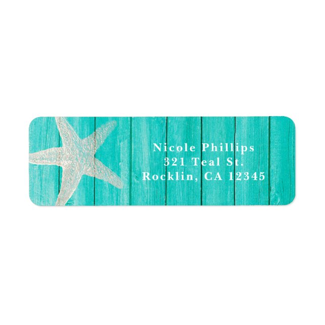 Inbjudan till Eleganten Teal Wood & Starfish Beach Returadress Etikett (Framsidan)