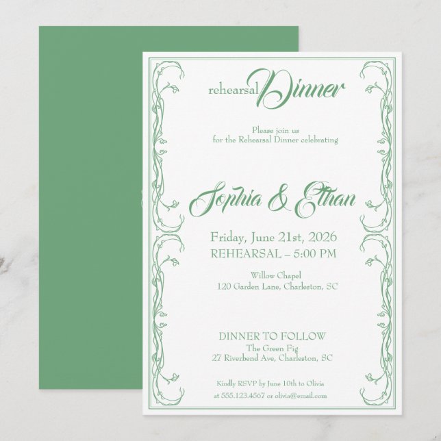Inbjudan till elegantens repetitionsmiddag - Grönt (Fram/baksida)
