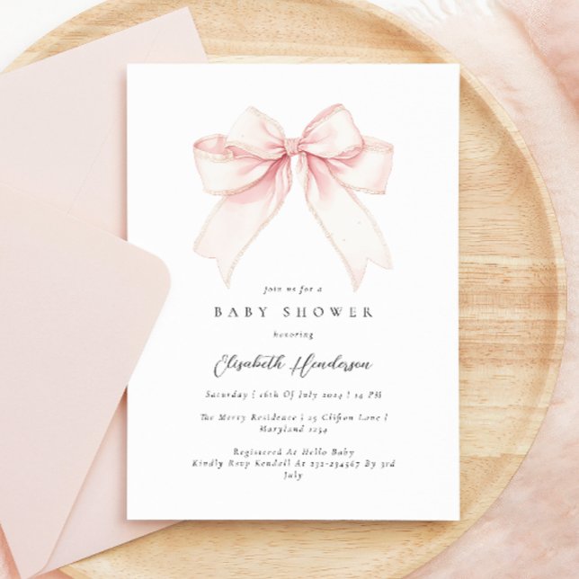 Inbjudan till elegantens  Rosa Bow Baby Shower (Skapare uppladdad)