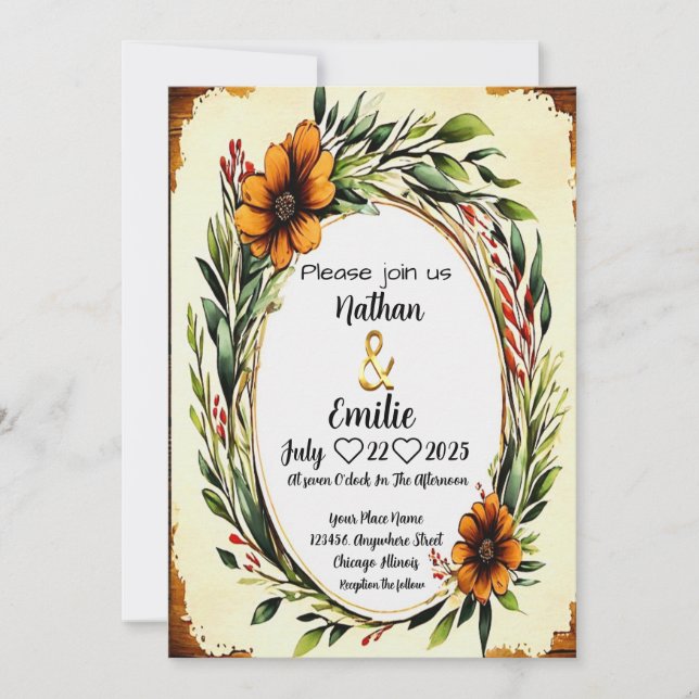 Inbjudan till elegantens vackra blommor i rustik o (Framsida)