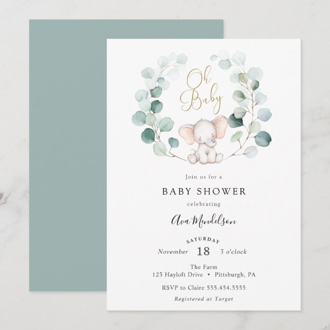 Inbjudan till Elephant and Eucalyptus Baby Shower (Fram/baksida)