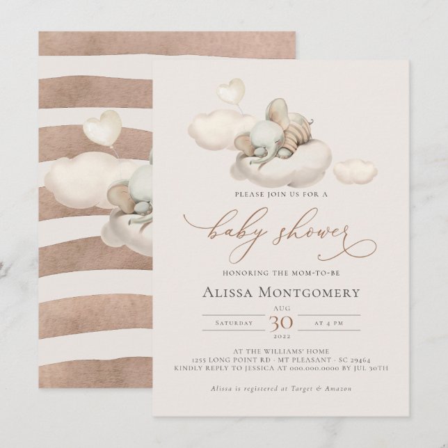 Inbjudan till Elephant Baby Shower (Fram/baksida)