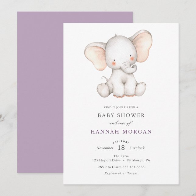 Inbjudan till Elephant Baby Shower (Fram/baksida)
