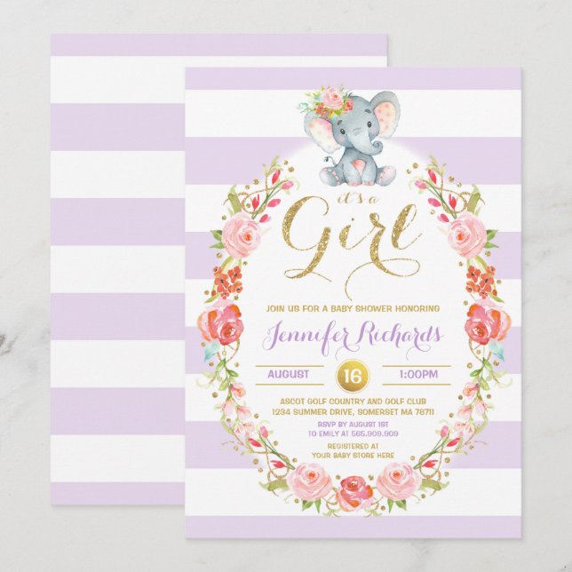 Inbjudan till Elephant Baby Shower Blommigt Boho S (Fram/baksida)