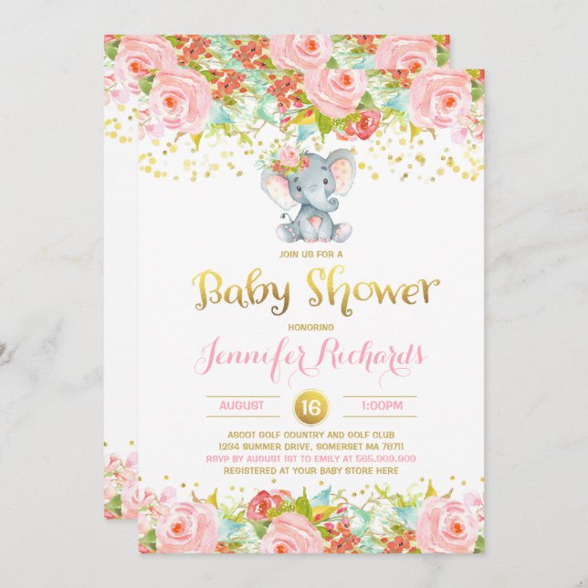 Inbjudan till Elephant Baby Shower Blommigt Boho S (Fram/baksida)