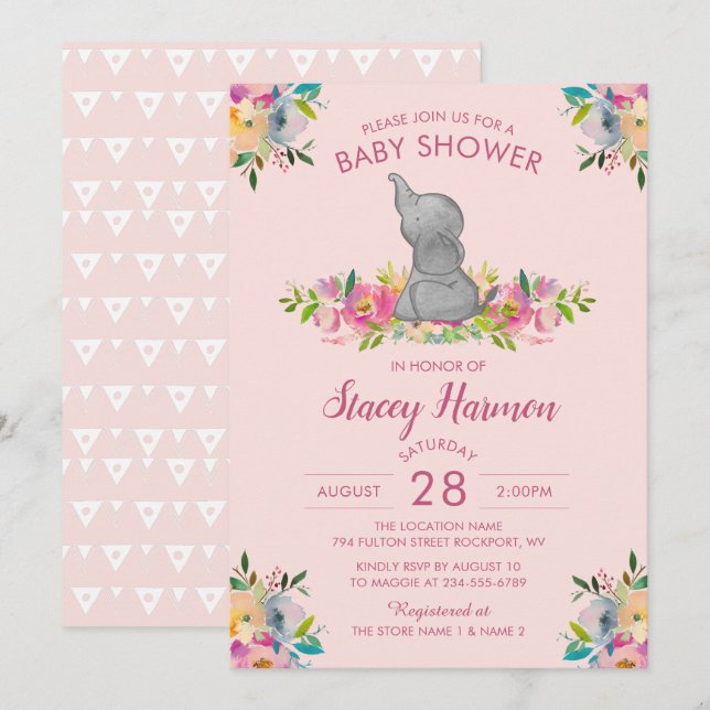 Inbjudan till Elephant Baby Shower-Blommigten för  (Fram/baksida)