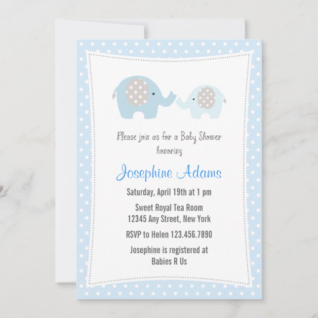 Inbjudan till Elephant Baby Shower Blue (Framsida)