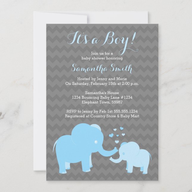 Inbjudan till Elephant Baby Shower Blue Grått Chev (Framsida)