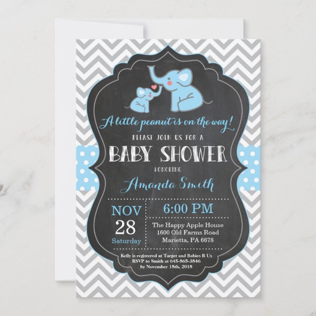 Inbjudan till Elephant Baby Shower Blue och Grått (Framsida)