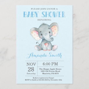Inbjudan till Elephant Baby Shower Blue och Grått