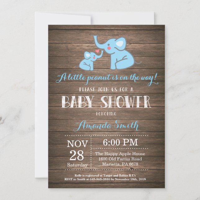 Inbjudan till Elephant Baby Shower Blue Rustic (Framsida)