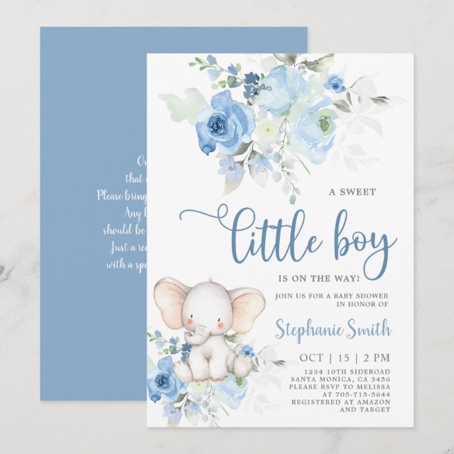 Inbjudan till Elephant Baby Shower Boy (Fram/baksida)