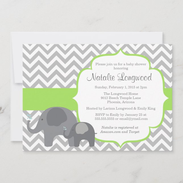 Inbjudan till Elephant Baby Shower, chevron-grönt (Framsida)