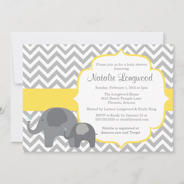Inbjudan till Elephant Baby Shower, chevron-gult (Framsida)
