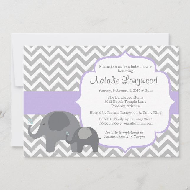 Inbjudan till Elephant Baby Shower, chevron lila (Framsida)