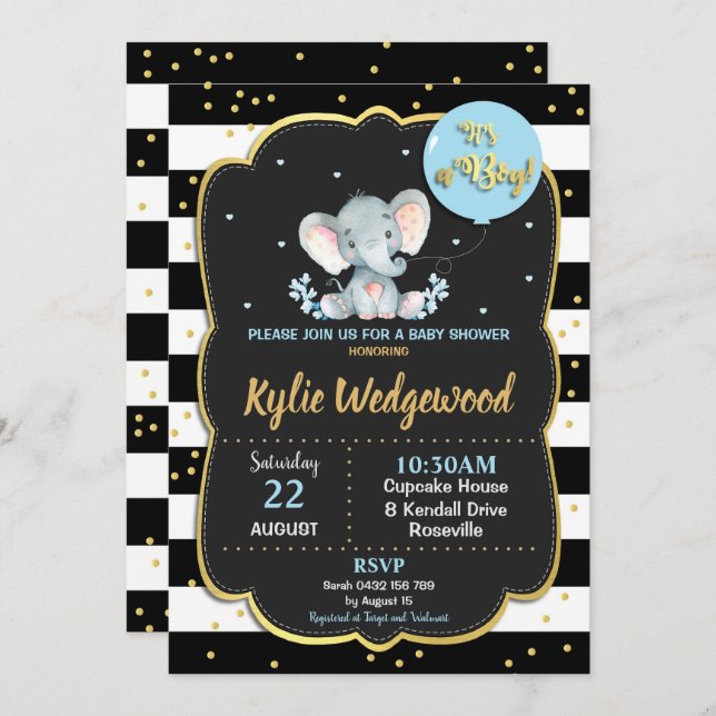 Inbjudan till Elephant Baby Shower Det är en pojke (Fram/baksida)