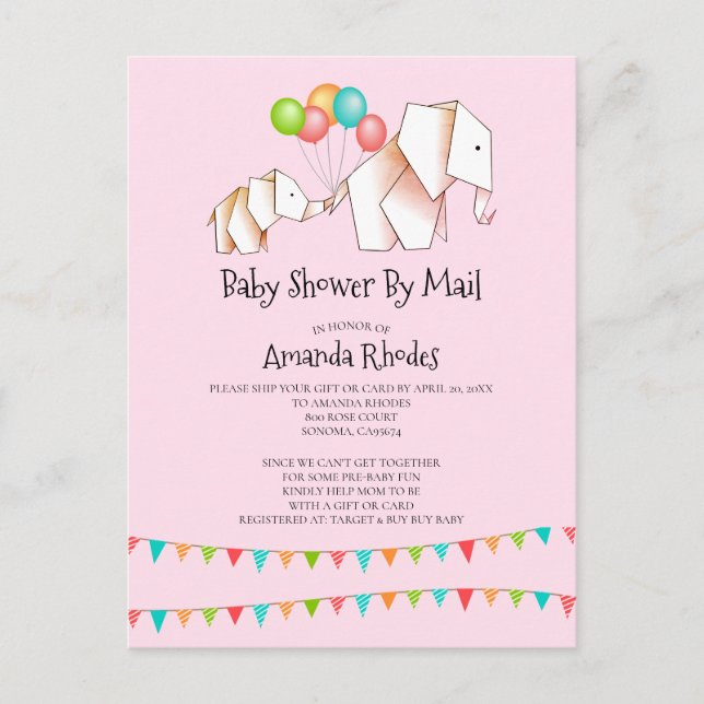 Inbjudan till Elephant Baby Shower efter e-Rosa Vykort (Framsida)