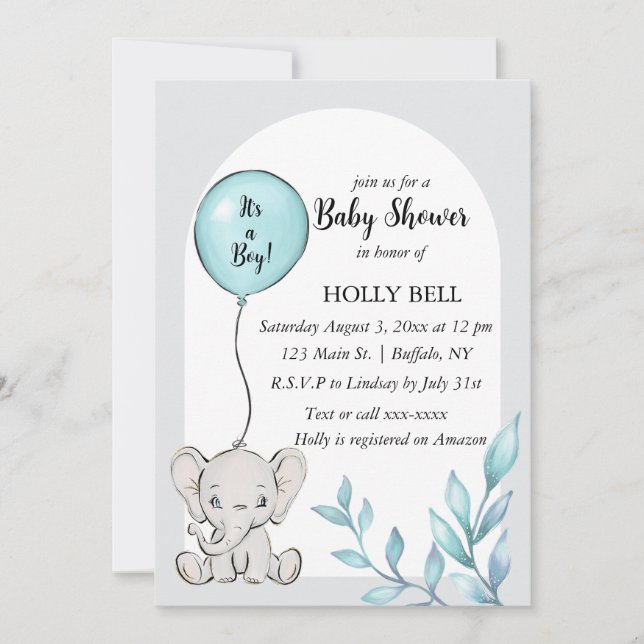 Inbjudan till Elephant Baby Shower för blå vattenf (Framsida)