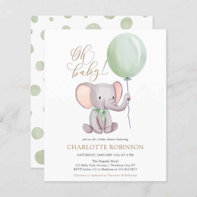 Inbjudan till Elephant Baby Shower för budgetpost (Fram/baksida)