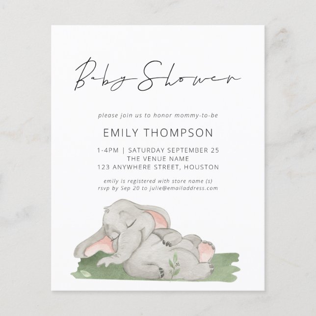 Inbjudan till Elephant Baby Shower för budgetskrip (Framsida)