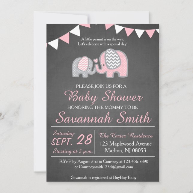 Inbjudan till Elephant Baby Shower för en flicka (Framsida)