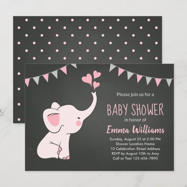 Inbjudan till Elephant Baby Shower för en flicka (Fram/baksida)