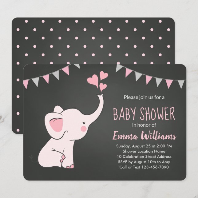 Inbjudan till Elephant Baby Shower för flicka | RO (Fram/baksida)