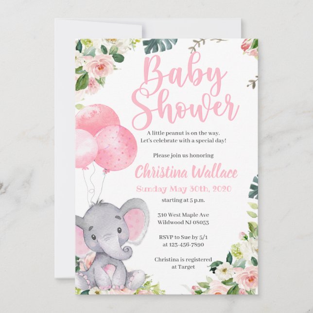 Inbjudan till Elephant Baby Shower för flickor (Framsida)