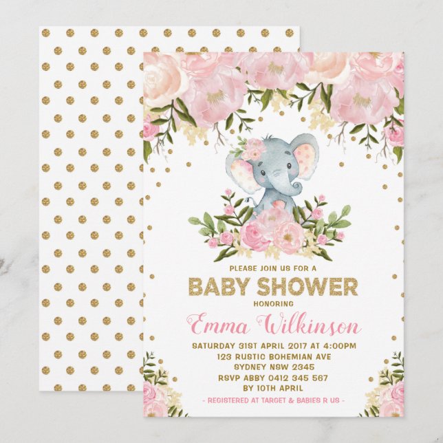 Inbjudan till Elephant Baby Shower för rosa & Guld (Fram/baksida)