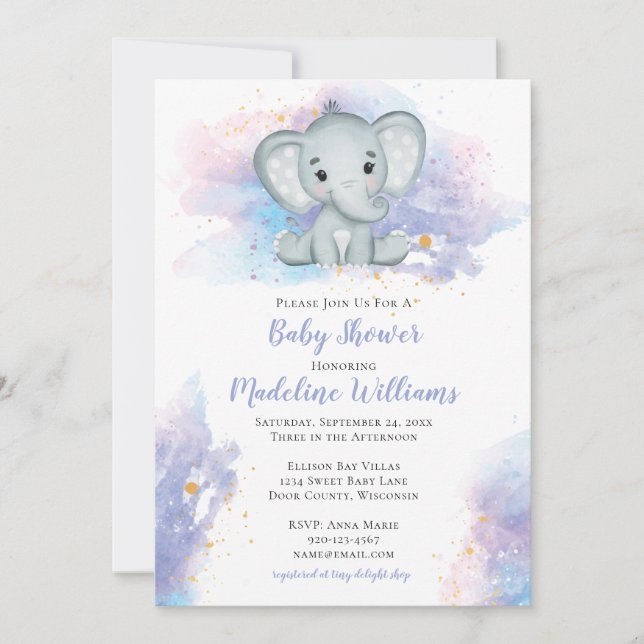 Inbjudan till Elephant Baby Shower för vattenfärg (Framsida)