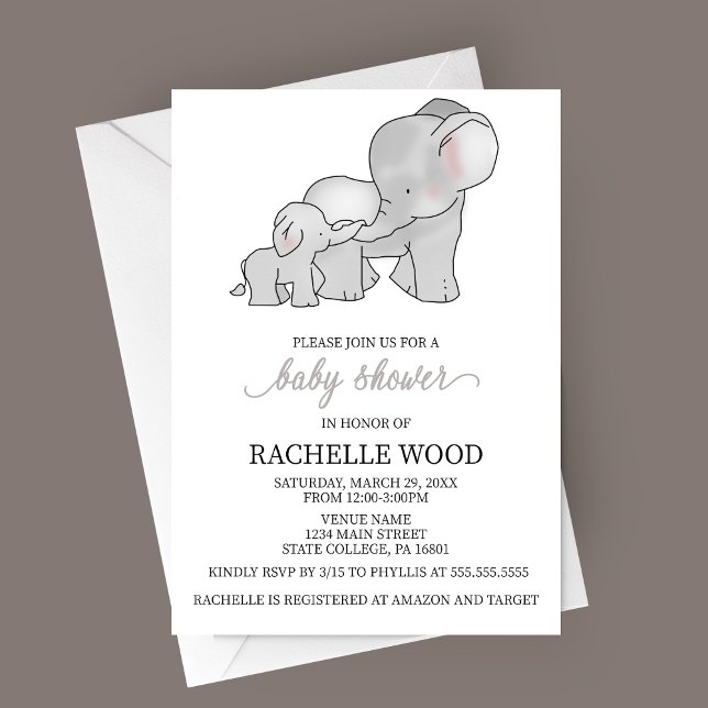 Inbjudan till Elephant Baby Shower för vattenfärg (Watercolor Hand-drawn Elephant Baby Shower Invitation)