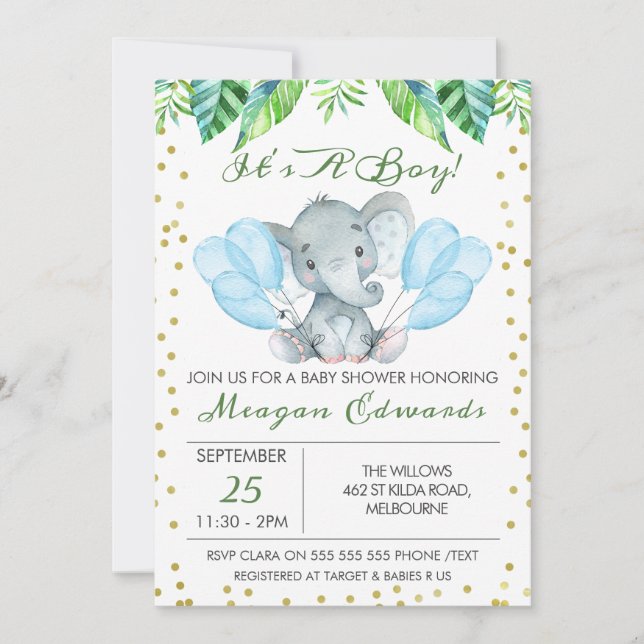 Inbjudan till Elephant Baby Shower för vattenfärg (Framsida)