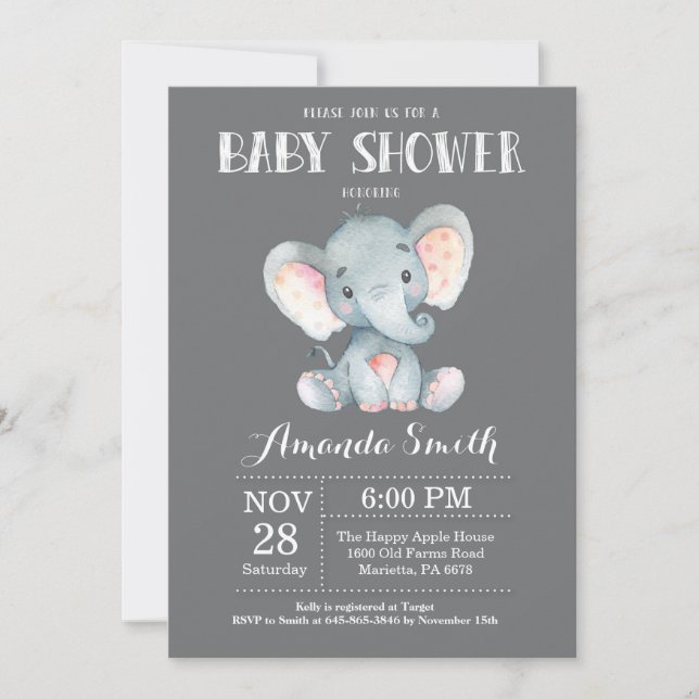 Inbjudan till Elephant Baby Shower Grått (Framsida)