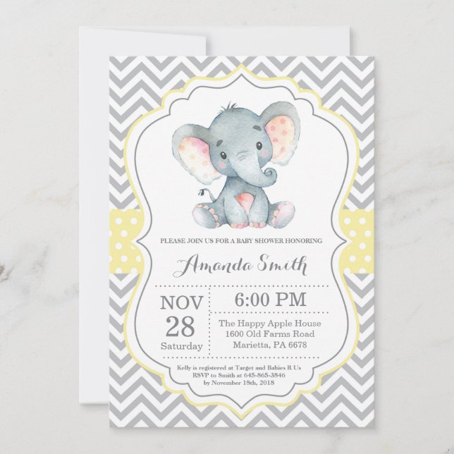Inbjudan till Elephant Baby Shower Gult och Grått (Framsida)
