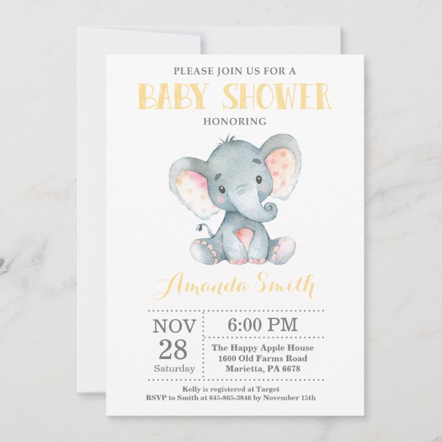 Inbjudan till Elephant Baby Shower Gult och Grått (Framsida)